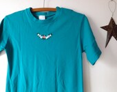 Vintage Girls TURQUIOSE-TEAL Shirt Dress with Embroidered Flowers...Size 14