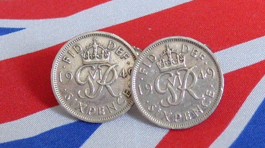 Boxed Pair Vintage British 1949 Lucky Sixpence Six Penny Coin Cufflinks Wedding 64th Birthday Anniversary