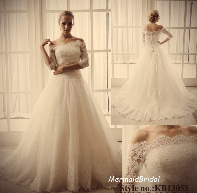Modest French lace Wedding dress, lace wedding dresses, Wedding gowns with Bolero, Middle sleeves bridal gowns