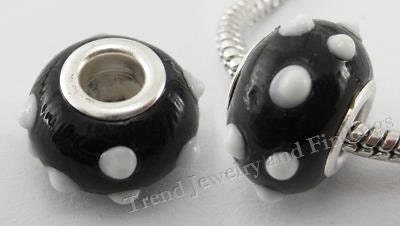 2 pcs- Large Hole Glass Beads- fit European Charms Bracelets- Black and White Lampwork Glass- DIY BRACELET- Silver Plate Core-