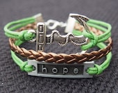Hope & Anchor Charm Bracelet in Silver-Green Wax Cords Copper Gold Imitation Leather Braided Bracelet-Charm Personalized Friendship Jewelry