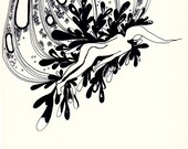 Drawing Pen and Ink Illustration Art Black and White Digital Print Girl Women Plants Home Decoration Vintage Funny Unique Special