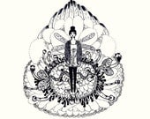 Pen and Ink Drawing Illustration Art Digital Print Black and White Girl Lotus Home Decoration Fantasy Unique Special