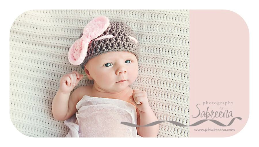 Handmade, Crochet Gray and Pink beanie style hat with bow- Photo prop for newborn photography, Newborn Girl Hat, Newborn hat
