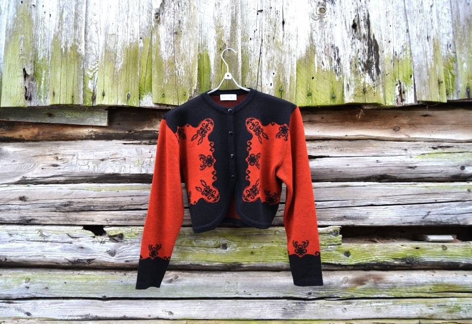 Vintage orange red and black short wool cardigan with embroidery like floral  folk / ethno/ farm pattern