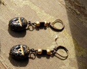 Free Shipping VINTAGE 1930's (Unused NEW) Unique Czech Crystal Black Guilded Glass Boho Earrings