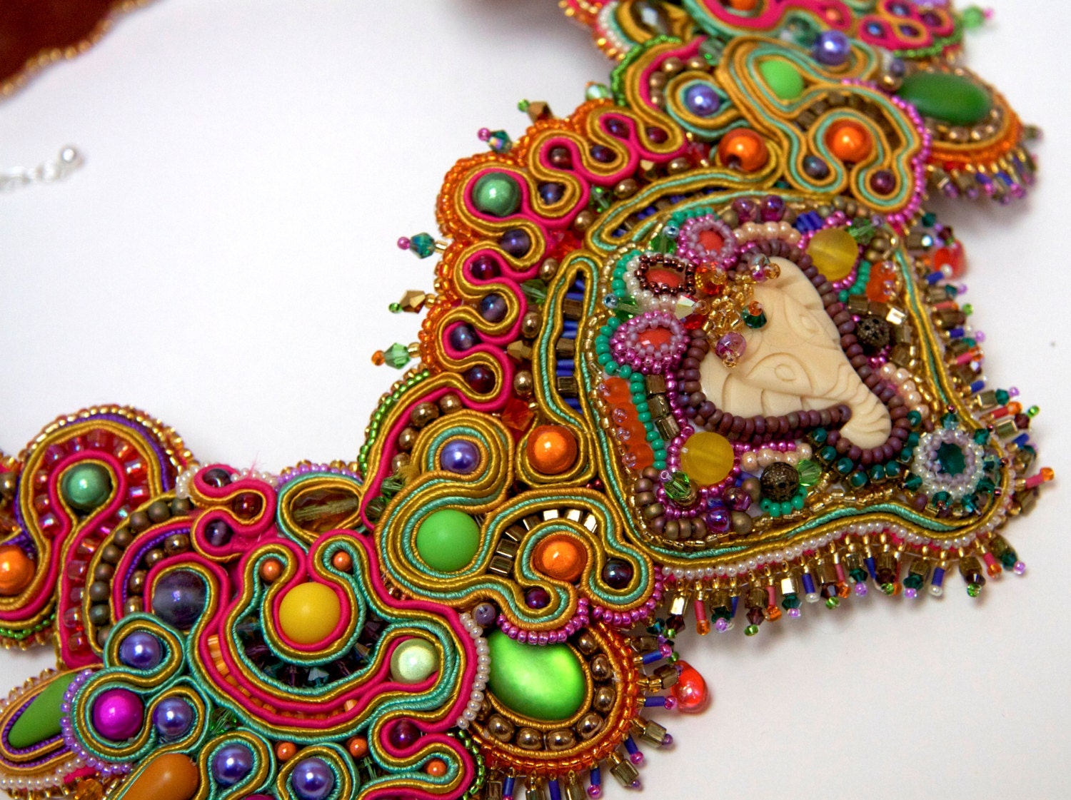 Calling Bombay - Unique bead embroidered Soutache braid statement necklace