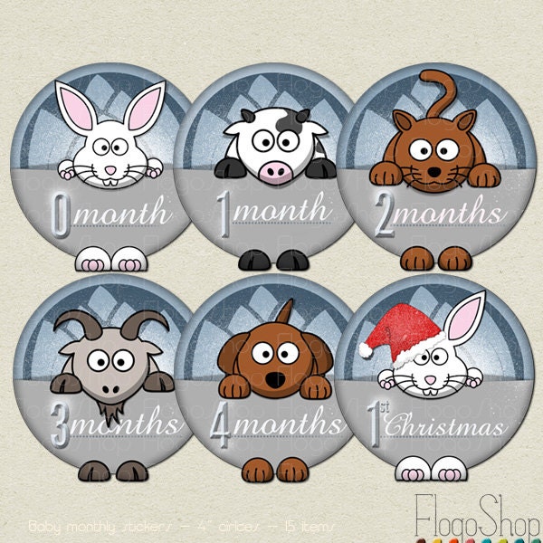 Baby month milestone stickers / scrapbooking stickers / PRINTABLE bodysuit circles / INSTANT DOWNLOAD newborn, kids, girls, boys / blue grey Il_170x135