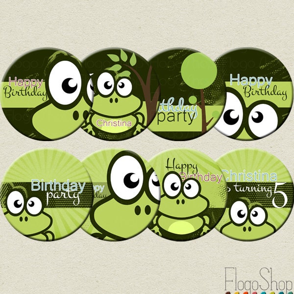 Printable Birthday Cupcake Toppers, Children Party Decorations, Green Frog Candy Stickers / buttons / badgets, personalized, customized Il_570xn