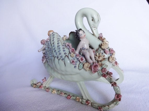 Vintage Swan Planter, delicate flowers and cherubs riding the swan sled, shabby chic style, pastel green, pink