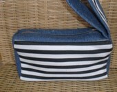 Black and White Stripe w/ recycled denim Clutch, lined with zipper and wrist strap