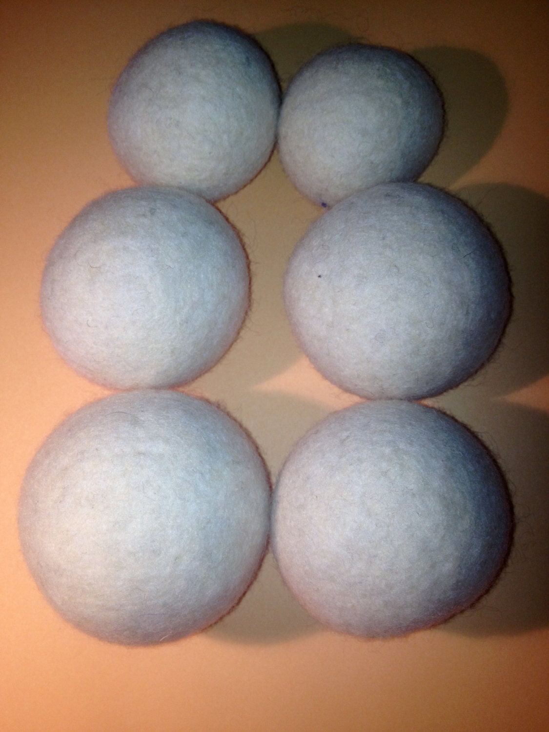 Starter set of 6 felted wool dryer balls "In their birthday suits" un-colored minimally processed.  Save time, money and energy.