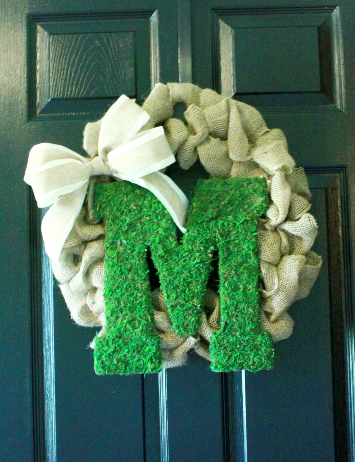 Burlap Wreath with Moss Covered Monogram