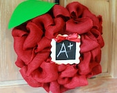 Red Burlap Apple Wreath with Chalkboard