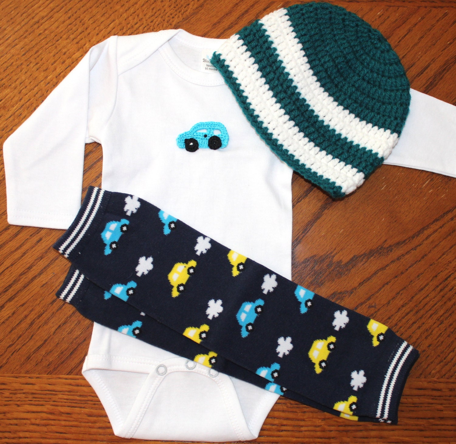 Newborn Baby Boy 0-3 Month Beep Beep Car Set. Long sleeved Onsie, Leg Warmers and Knit Hat