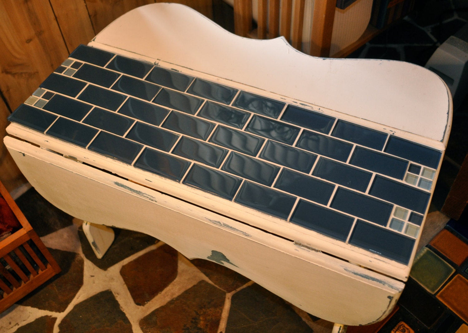 Vintage Drop Leaf Table with Blue Glass Subway Tiles & Accents