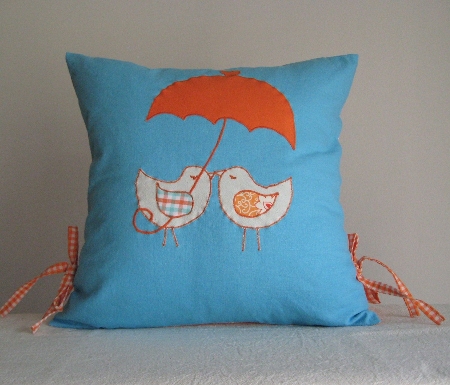 Turquoise blue orange love birds umbrella spring summer decorative accent pillow cover case - Modern linen patchwork appliqued home decor