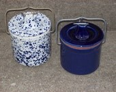 Beautiful Pair of Vintage Stoneware Cheese Butter Crocks Wire Bale Lid Latch Blue & White Speckled Ceramic Cobalt Blue