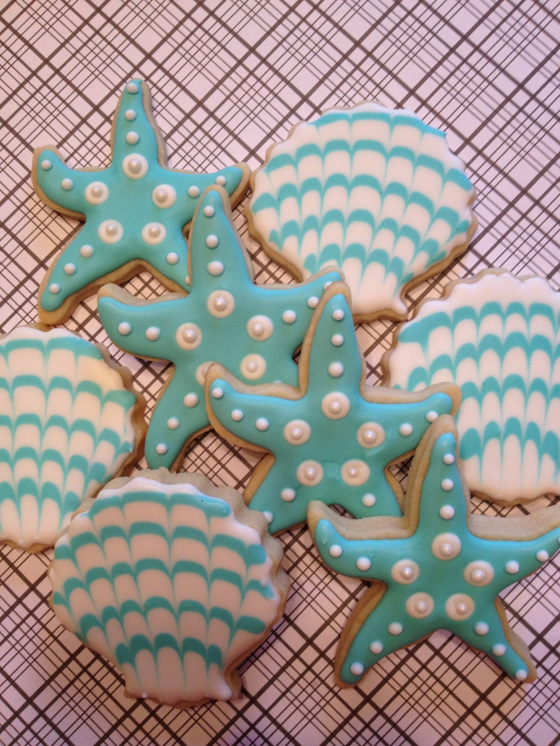 1 Doz Starfish & Seashell Decorated Sugar Cookies - Turquoise Aqua Wedding Favor - Beach Theme - Birthday Party