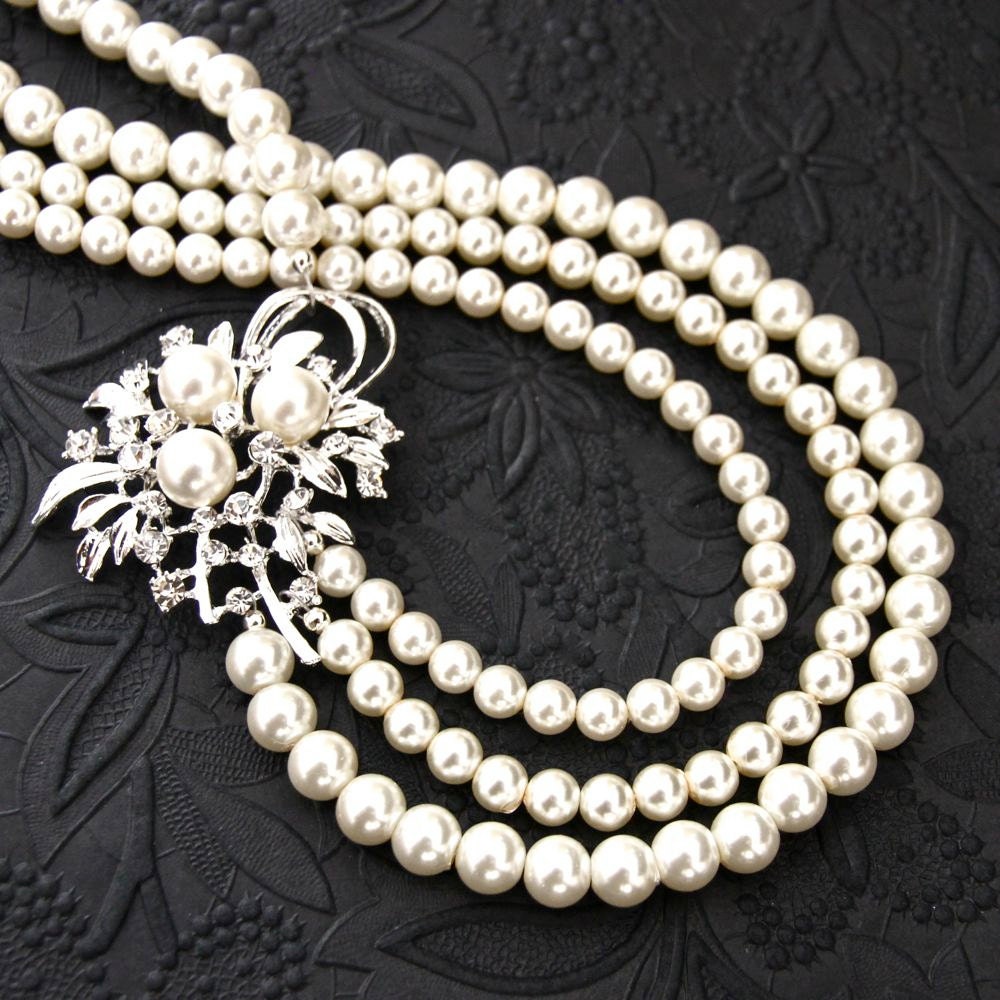 Bridal Statement Necklace Vintage Style Wedding Jewelry Pearl Necklace Crystal Necklace Ivory White Bridesmaid Necklace  ALWAYS