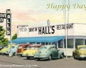 1950 Drive In Photo Print Retro Vintage Dinner 50s, Mid Century Modern Americana art Photography 8x12 Old Cars Fresno California Old 99 Hwy