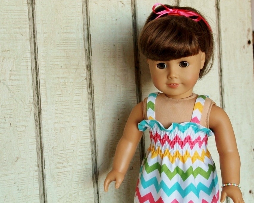 American Girl Doll Clothes - Shirred Sundress with Bracelet - Girl Chevron - Also in pink, red, classic rainbow, green, blue, purple, orange - daisychainsdoll