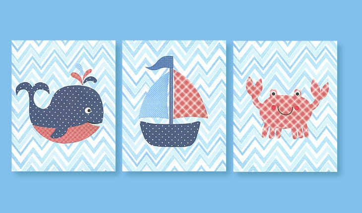 Blue and Red Nursery Art, Navy and Red Nautical Nursery, Chevron, Ocean Nursery, Whale, Sailboat, Crab, Boy Nursery, 8 x 10 Prints