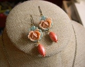 Shabby Chic Earrings, Coral, Aqua, Blue, Flower, Dangles, by LadyBirdLockets on Etsy, Handmade