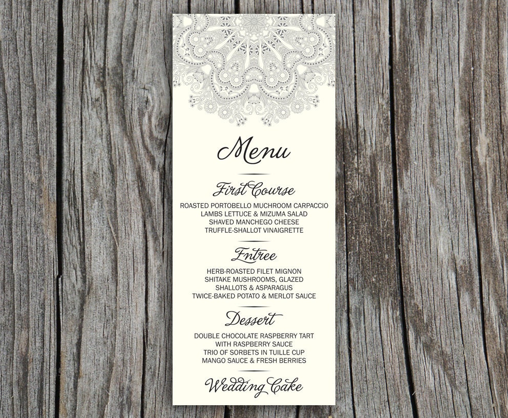 Romantic Lace Kristin Printable Wedding Menu - DIY Card - Custom colors