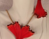 Gingko Pendant and Earrings. Polymer Clay. Freshwater Pearls. Scarlet Red and Orange. Deep Metallic Copper . Handcrafted.