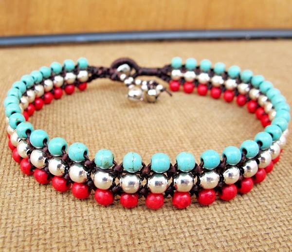 Turquoise and Red Coral Beaded Woven Ankle Bracelet with Silver Plated