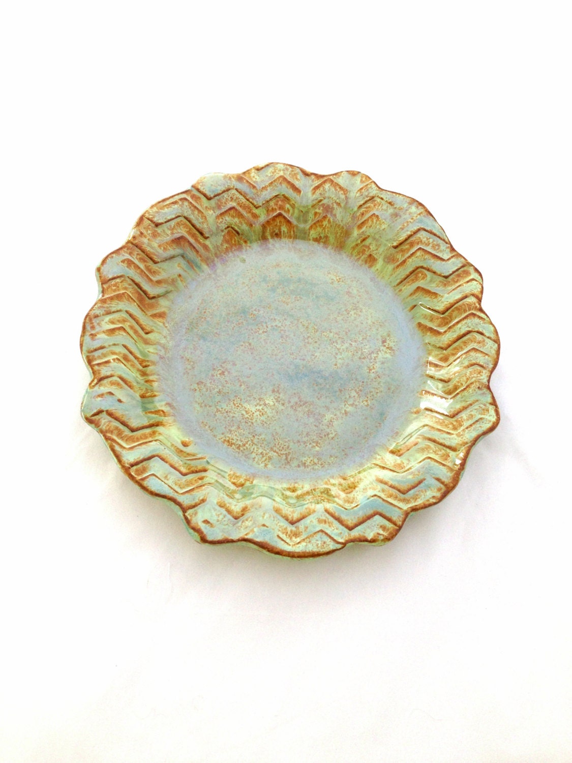 Made to Order 11" Stoneware Dinner Plate in Mint Caramel glaze and chevron design on the edges