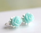 Handmade tiny rose earrings, aqua, eggshell blue, sterling silver, resin flower cabochon, flower studs, post, Petite Mimi Jewelry