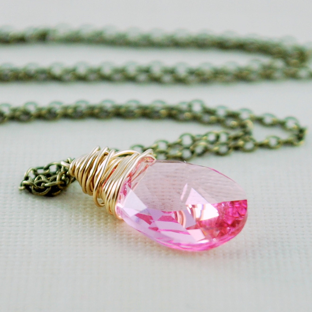 Pink Crystal Necklace, Mixed Metals, Light Rose Swarovski Crystal, Gold Antiqued Brass Chain, Wire Wrapped Jewelry