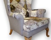 Patchwork wing back armchair in beige/brown Designers Guild velvets and natural linen