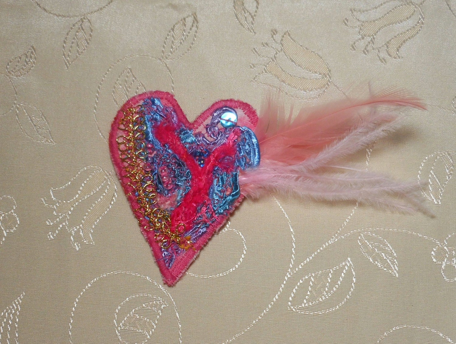 Love Heart Embroidered, Sequined and Beaded pin with pink Feathers handmade Brooch