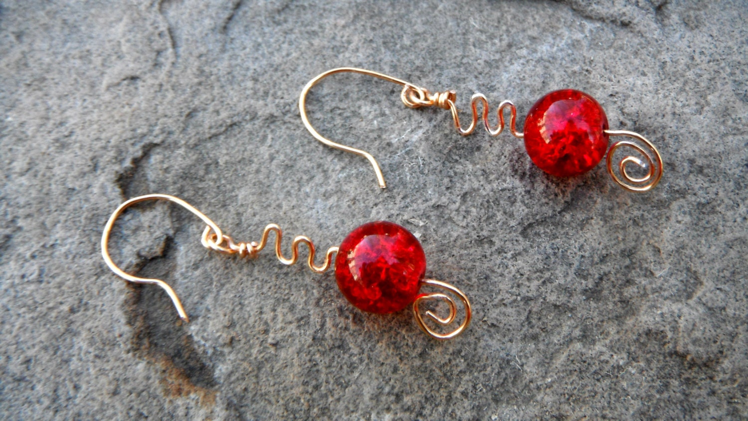 Cherry Red Wire Wrapped Beaded Spiral Earrings - red earrings, spiral earrings, wire sculpted jewelry, wire wrapped jewelry handmade