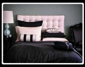 Queen Size Tufted Custom Upholstered Headboard in Cotton Candy Pink Linen w/Chocolate Brown Accents