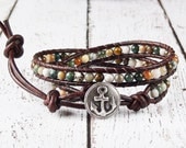 Leather Beaded Bracelet Double Wrap Ocean Jasper Anchor Button Distressed Brown Leather Gemstone Bracelet Chan Luu Inspired Boho