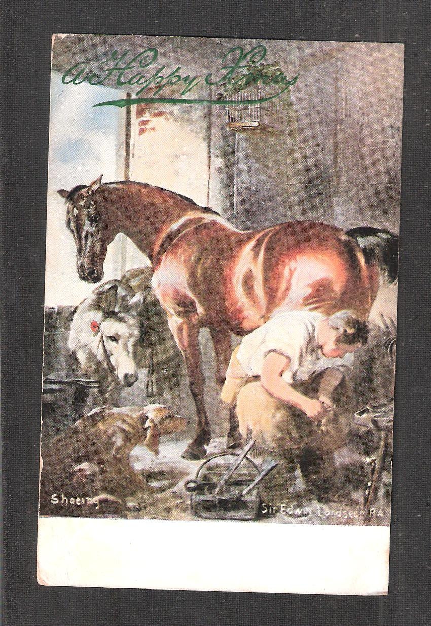 British Edwardian Fantasy Antique Postcard by Sir Edward Landseer blacksmith horse donkey dog Happy Christmas