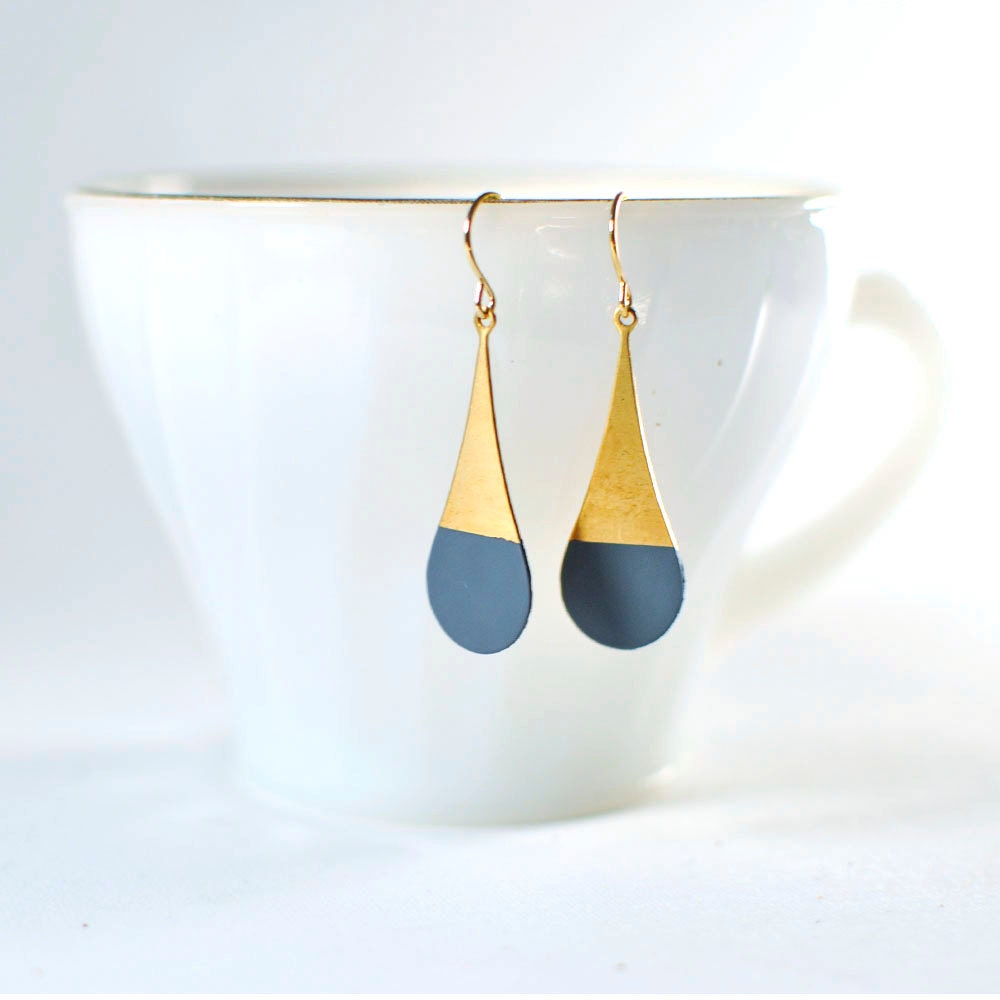 Ash Grey and Gold Tear Drop Earrings / Geometric Color Dipped Jewlery