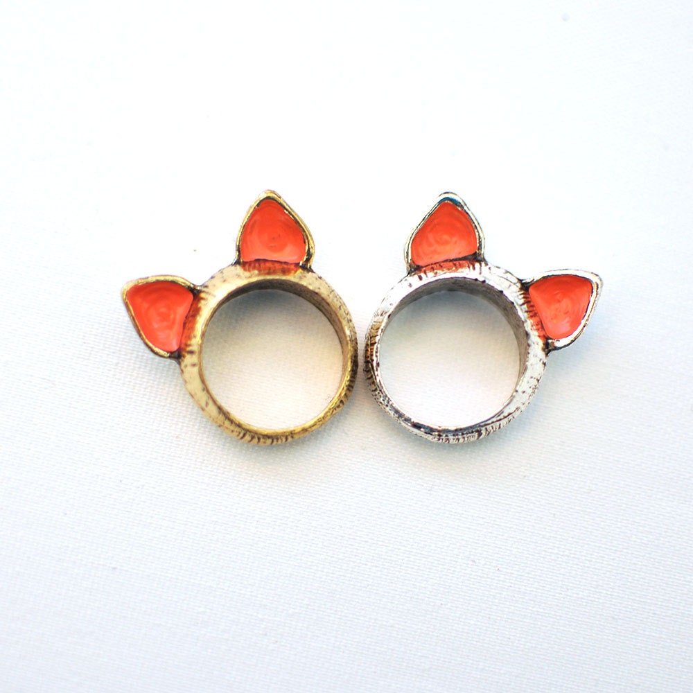 Coral and Brass -  Cat Ear Ring - Cute Little Gift