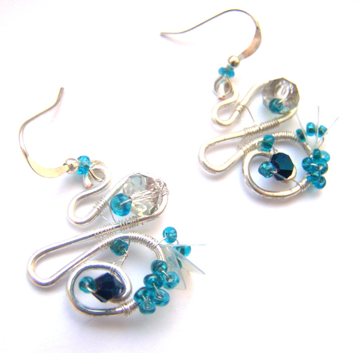 Silver wire wrapped Swarovski crystals blue gray beads seed beads handmade square transparent sequins drop dangle earrings WAYS