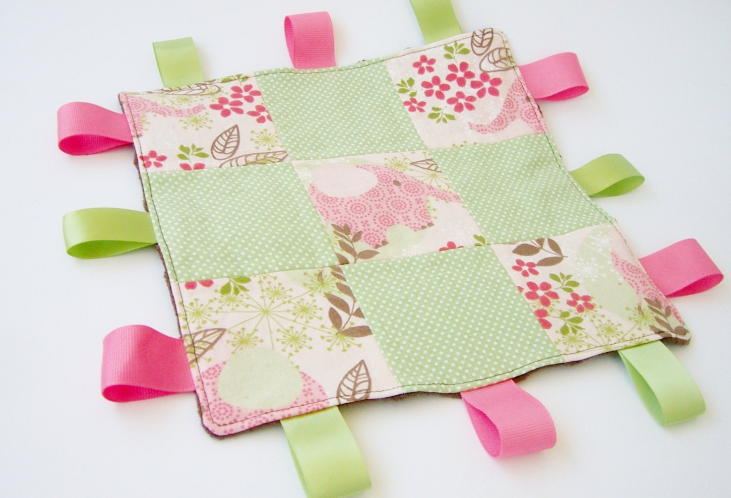Baby Girl Tag Blanket, Lovey, Sensory Toy - Brown, Green dots, Pink Elephant
