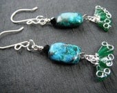 Dangle Earrings, Australian Jasper gemstones with wire wrapped African Jade stones, Handmade, Blue, Green, Turqoise