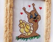Finished picture, Counted Cross Stitch Picture Snail, fluffy frame, soft, light brown, love gift, small red hearts, small picture
