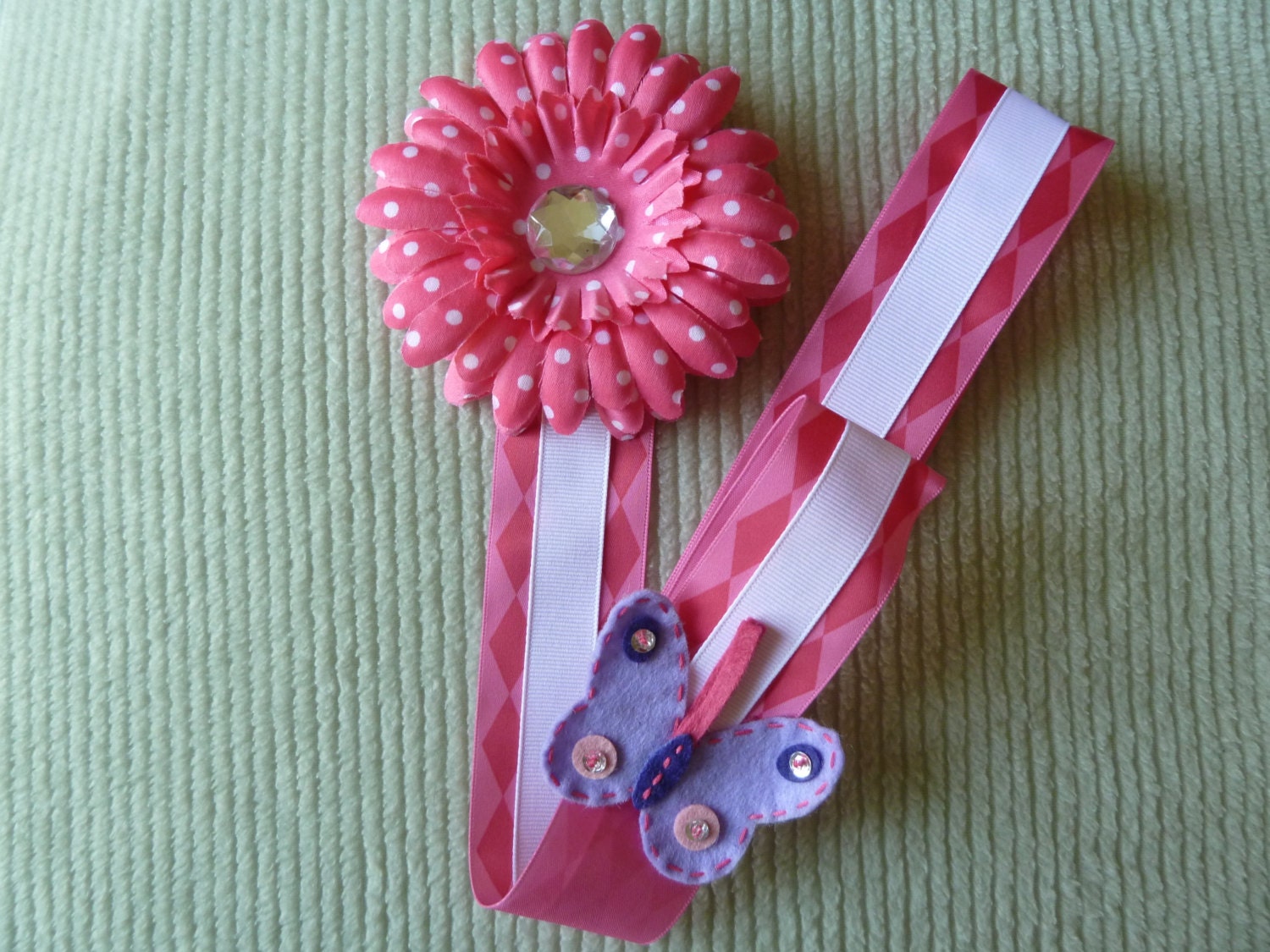 Pink Flower BOW HOLDER with Rhinestone Center and Felt Butterfly