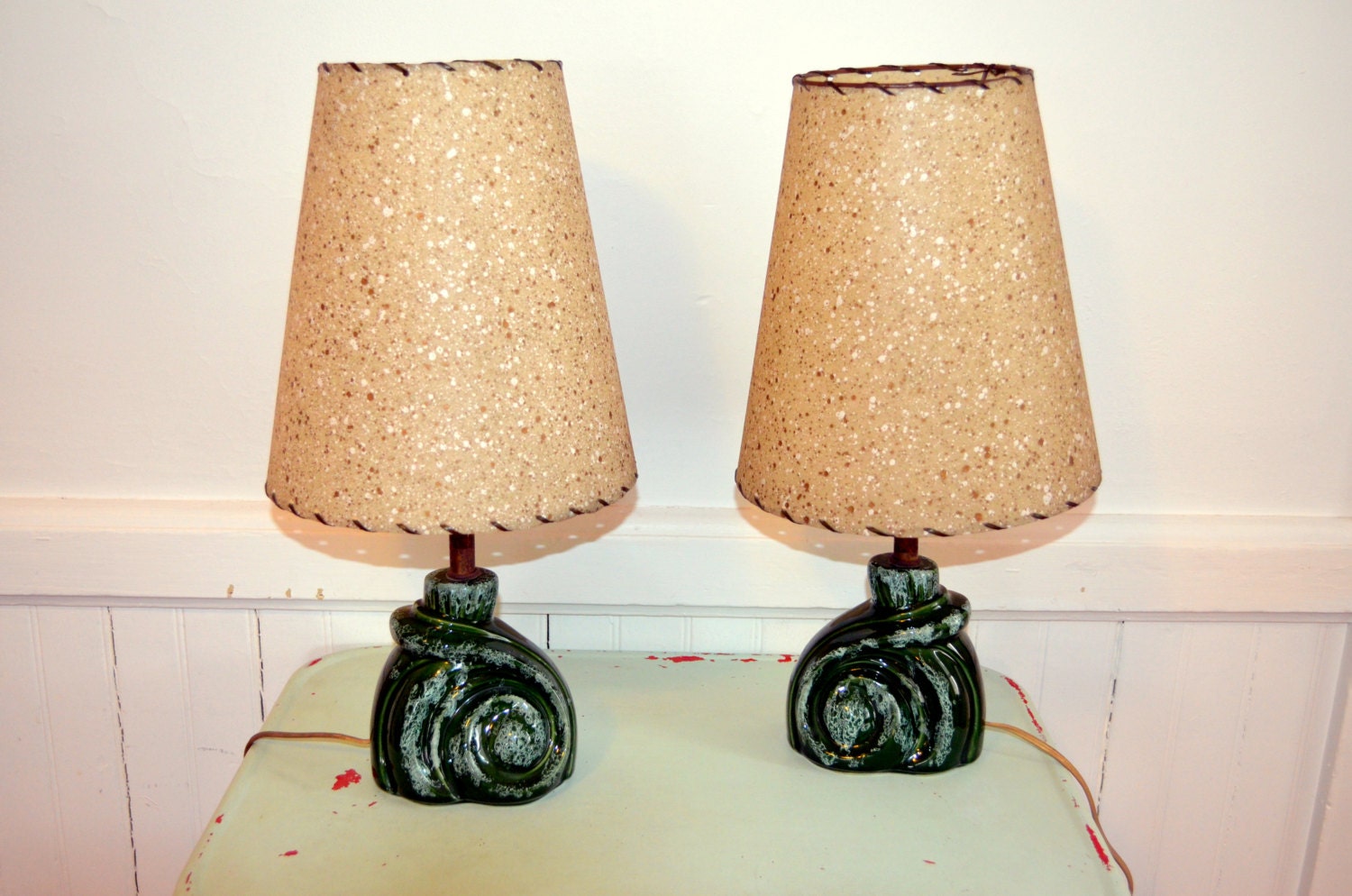 Matching Pair Vintage Mid Century Modern Ceramic Green and blue Lamps with Fiberglass Shades