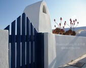 Greece: Grecian blue gate in a white wall with red flowers - Color Print, 5x7