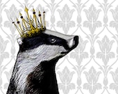 Badger with Crown 8X10 Top Hat Art Print Poster Acrylic Painting Mixed Media Poster Wall Art Wall Hanging Wall Decor